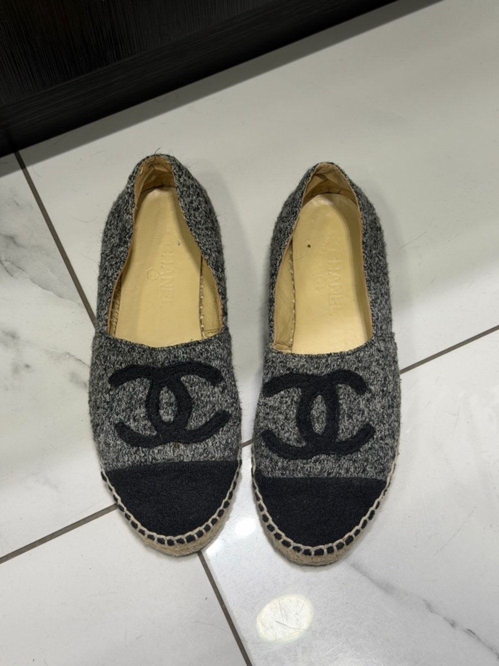 Black & Gray Wool Espadrille Flats with CC Logo